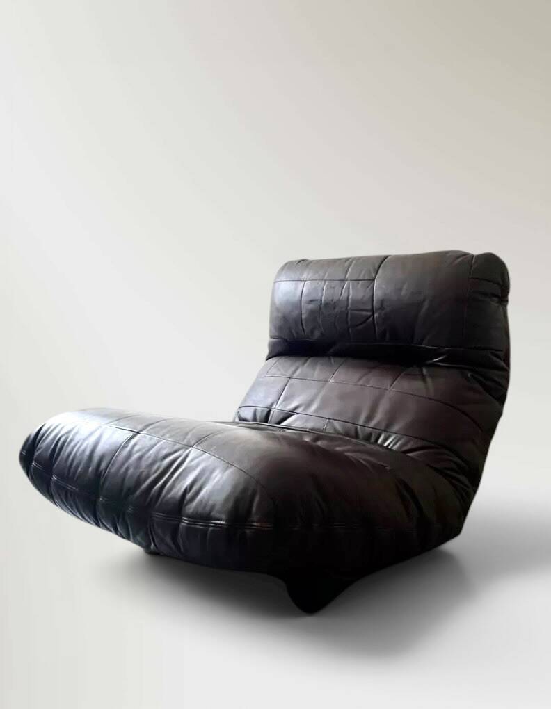 2 Marsala armchairs in plexiglass & brown patchwork leather, Ligne Roset 1970