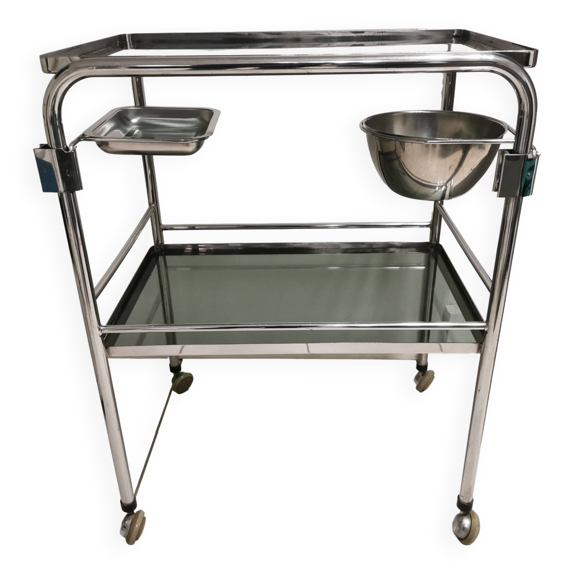 Desserte Médicale , Inox et verre fumé , Table de médecin design vintage 70's