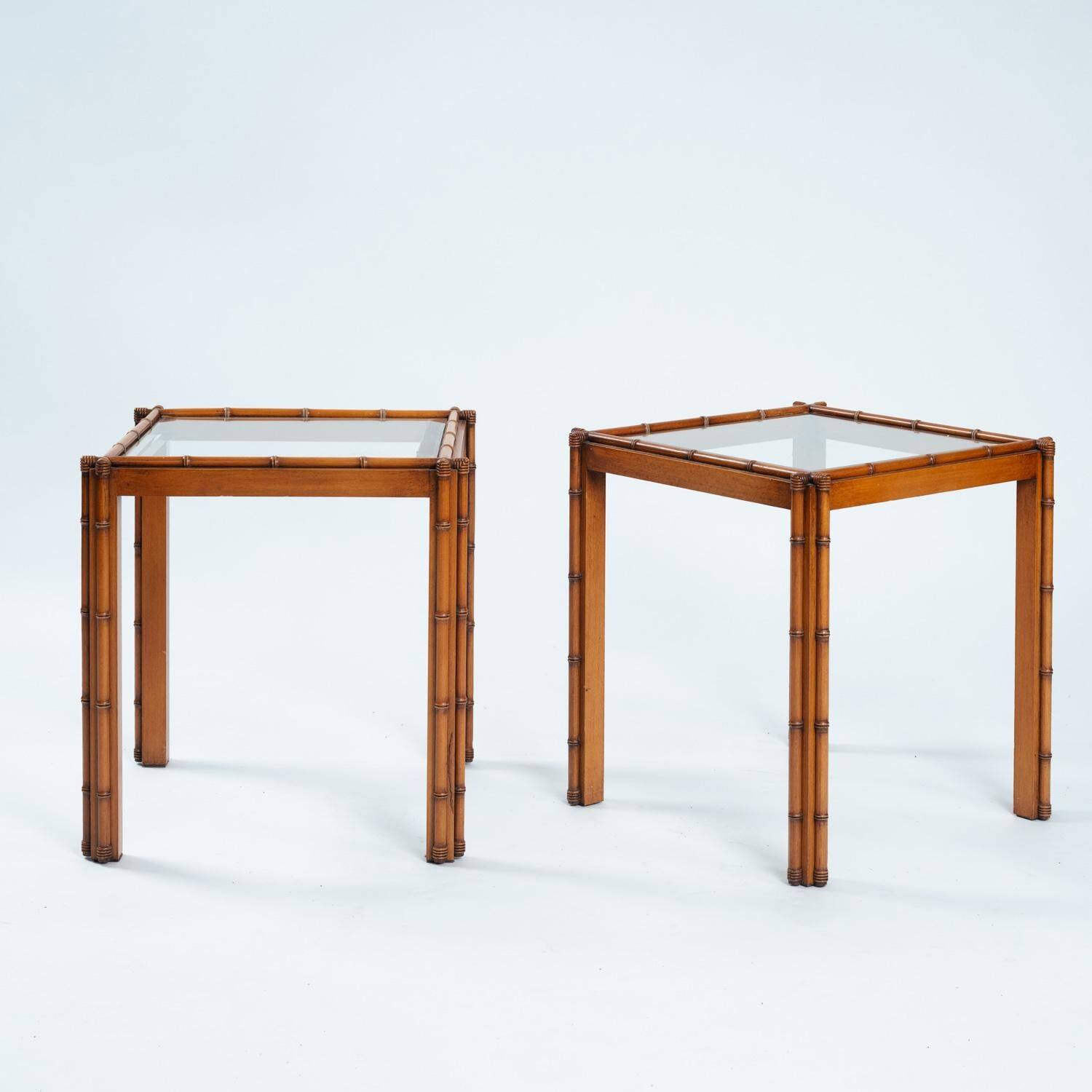 Art Deco Side Table in Carved Oak, Bamboo Style, Cut Glass, Set of 2