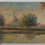 Table Painting Old landscape signed circa 1960