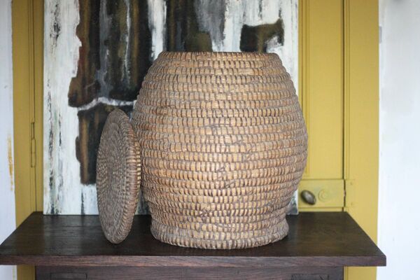 Panier ancien avec couvercle, bourgne paille et ronce, panier tressé, décor