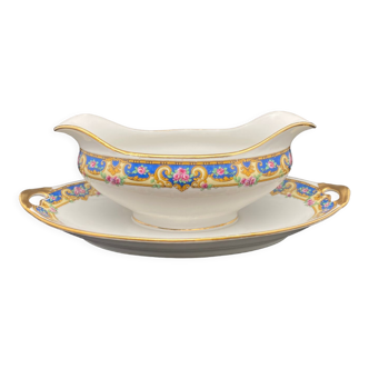 Limoges porcelain sauce boat, navy and small roses -MMF19