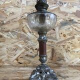 Old kerosene lamp with marble metal pedestal & crystal body + vintage tube