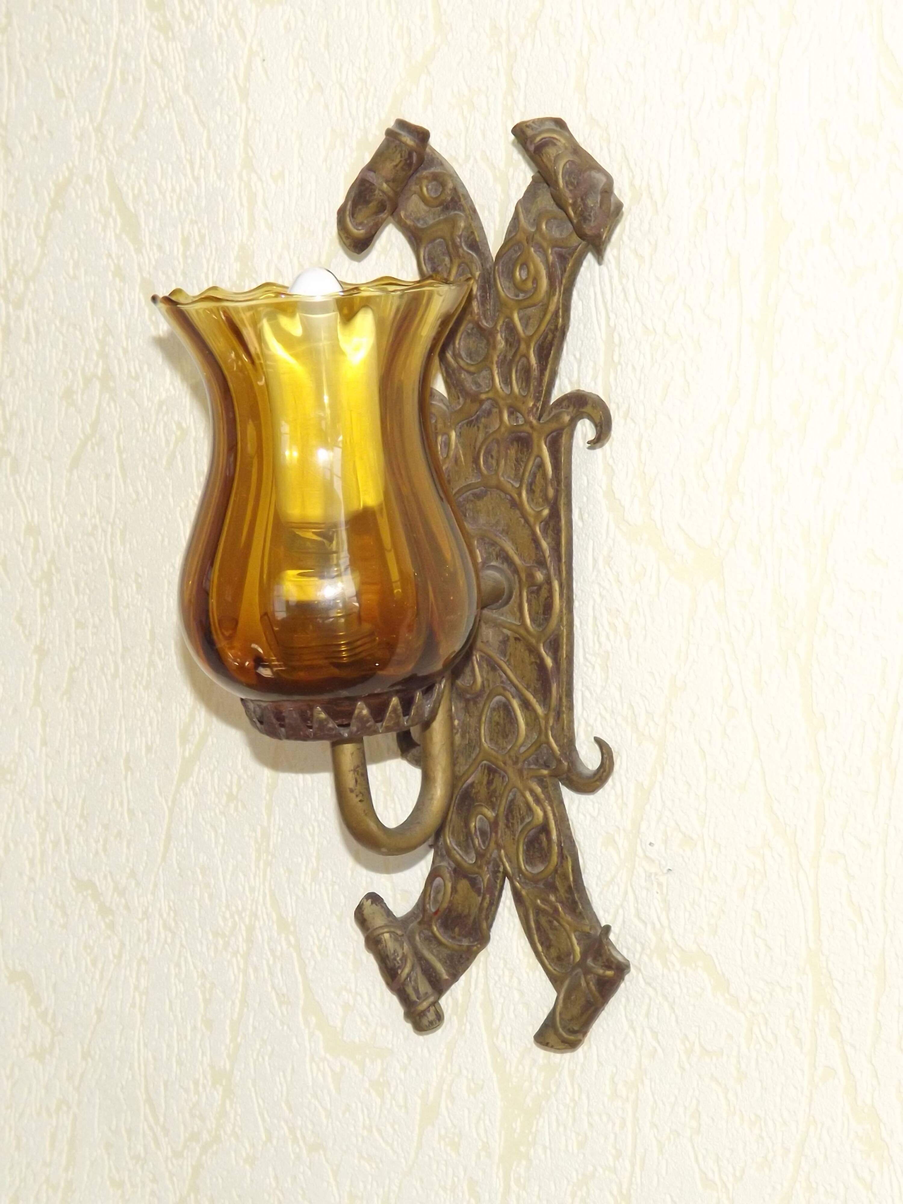 Pair of Hand Forged Wrought Iron Medieval Style Wall Lights with Amber Shades 42