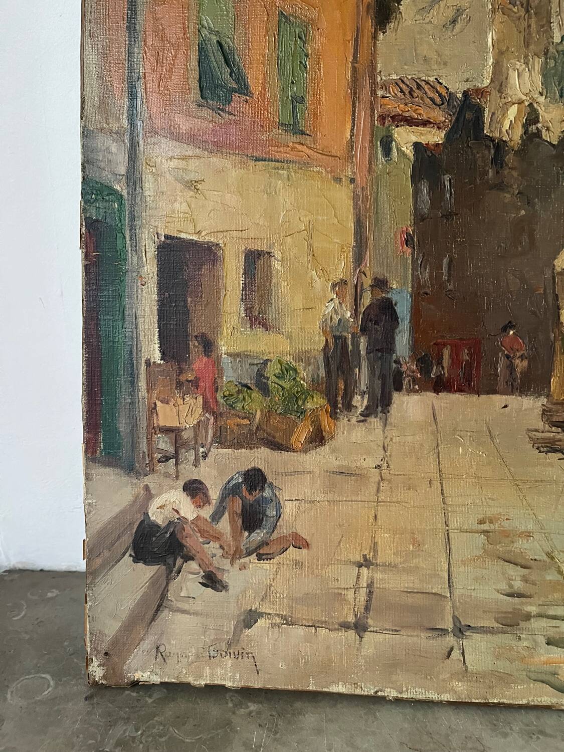 Scène de rue devant château, huile sur toile