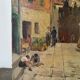 Scène de rue devant château, huile sur toile