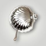 Vintage stainless steel and cobalt blue glass shell butter dish with box + knife