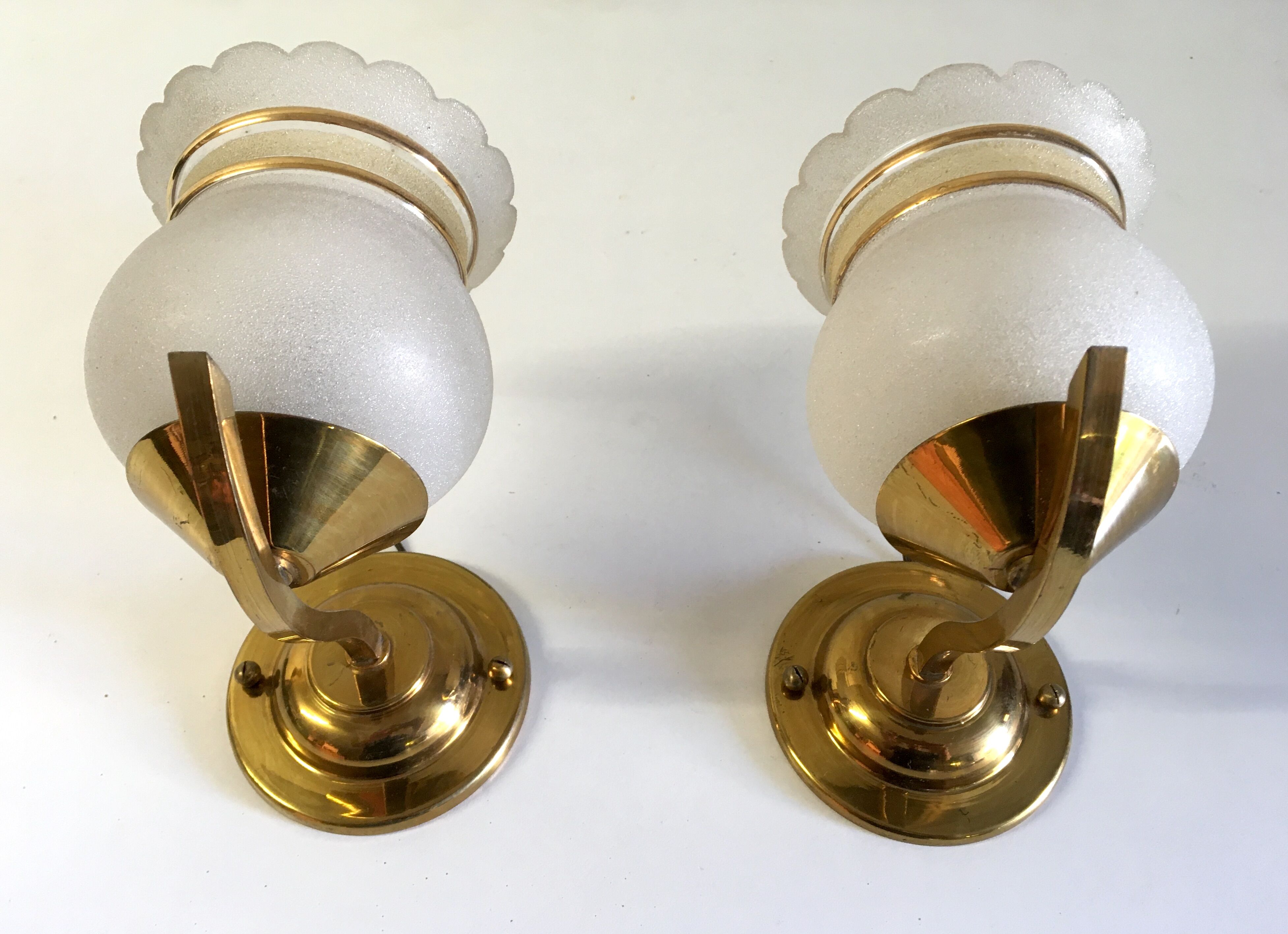 Pair of brass and granite glass sconces - 60s