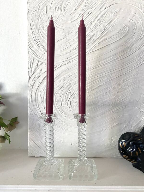 Paire de bougeoirs colonne en cristal années 50 -60