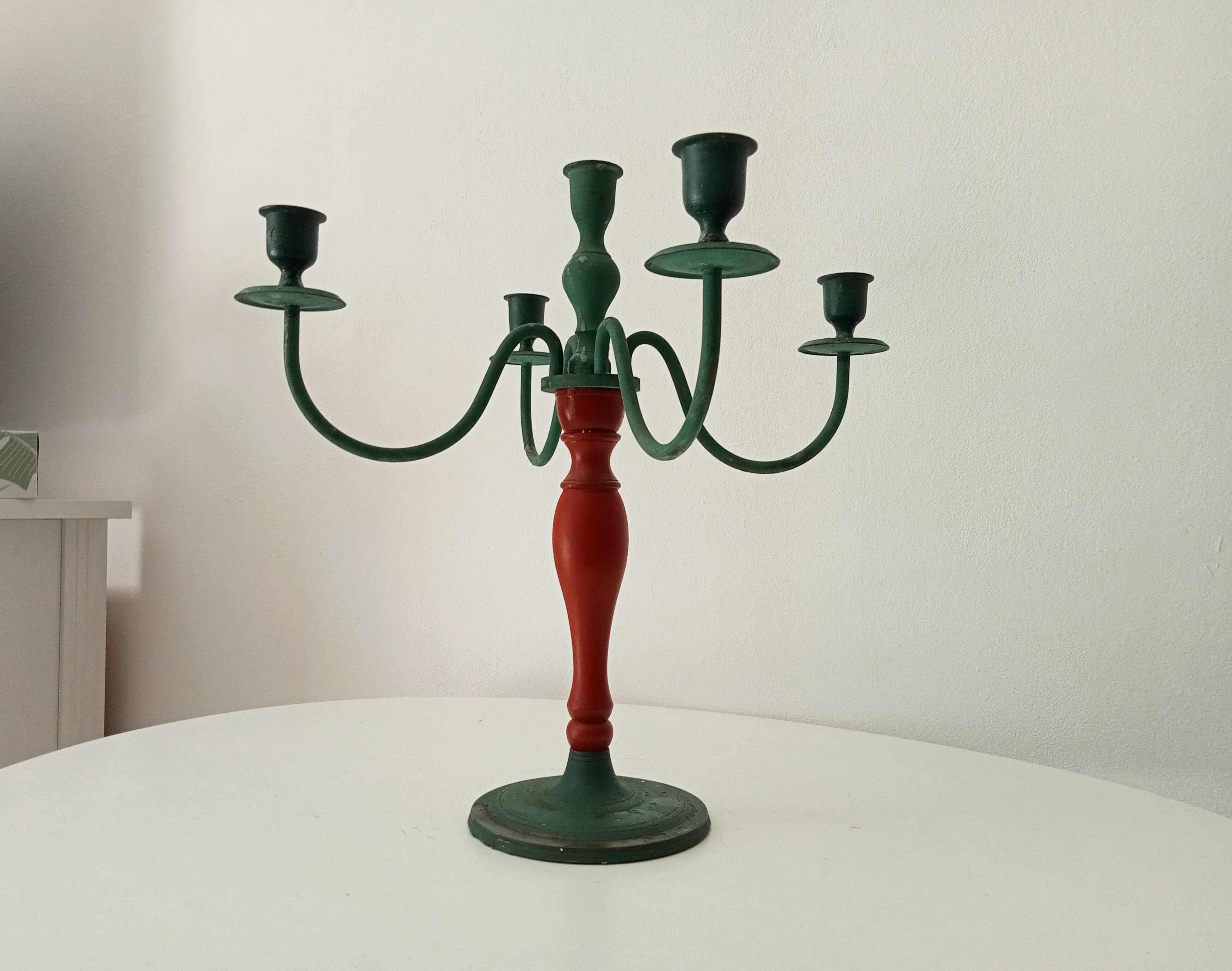 Antique 4-branch wood and metal candlestick