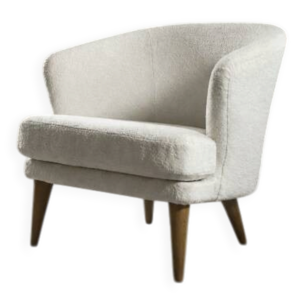 Fauteuil en chêne et tissu scandinave moderne du milieu du siècle avec dossier arrondi — Beyit