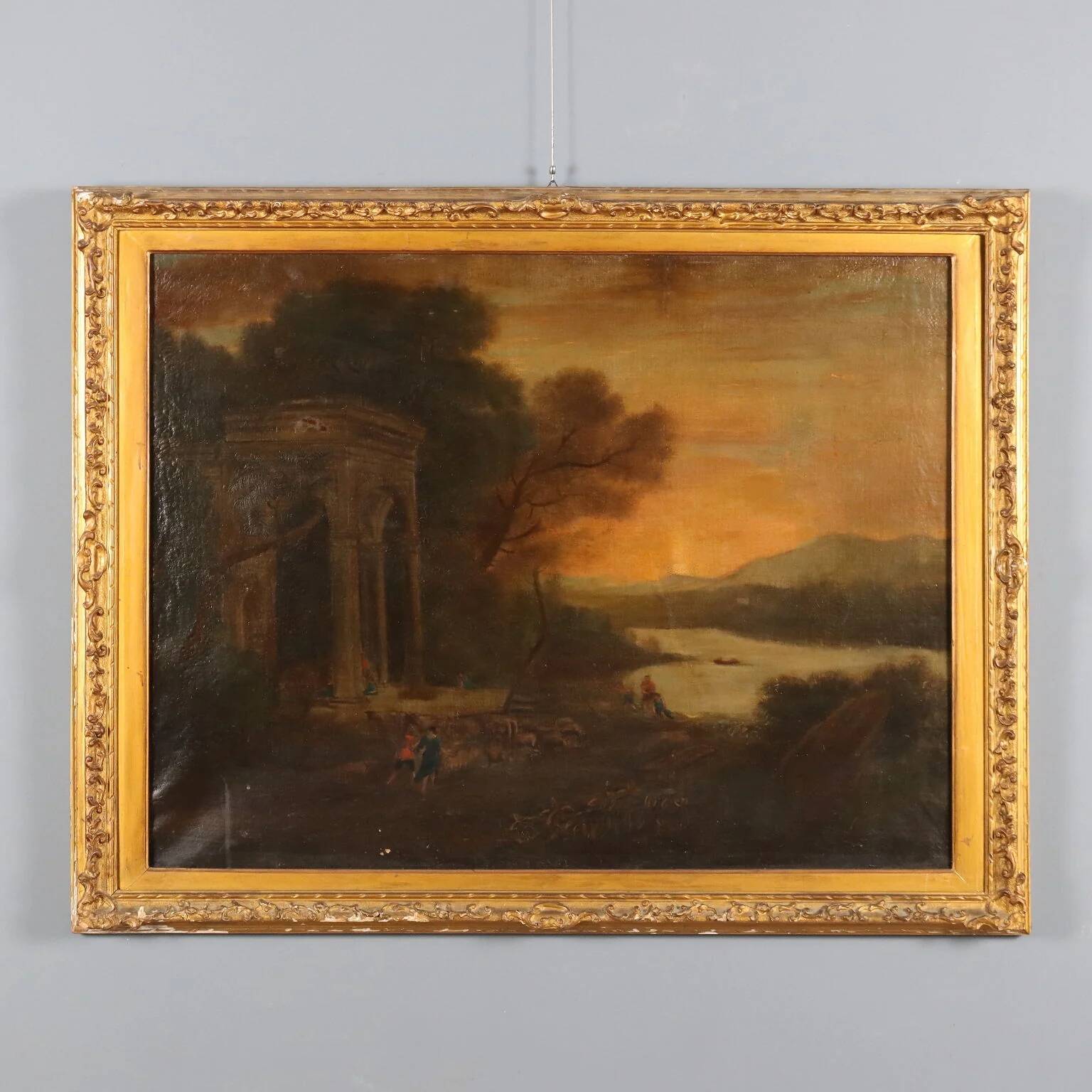 Ancient landscape painting with architecture, oil on canvas, 18th century.