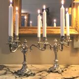 Pair of three-armed silver-plated metal candelabras