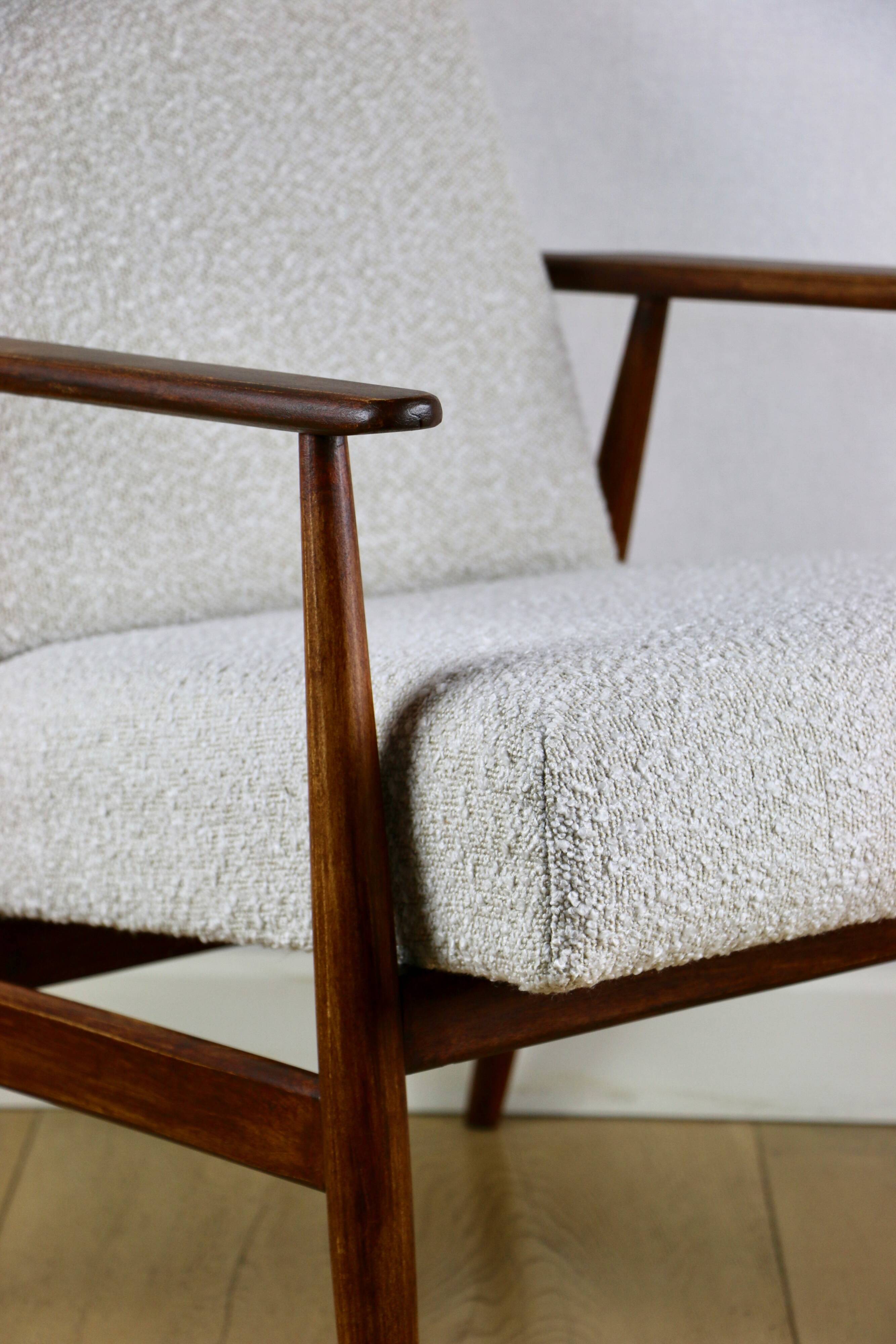 Armchair 'Lis', 1970s, white boucle, design by Henryk Lis - dark wood - 2 pieces available