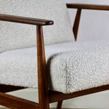 Armchair 'Lis', 1970s, white boucle, design by Henryk Lis - dark wood - 2 pieces available
