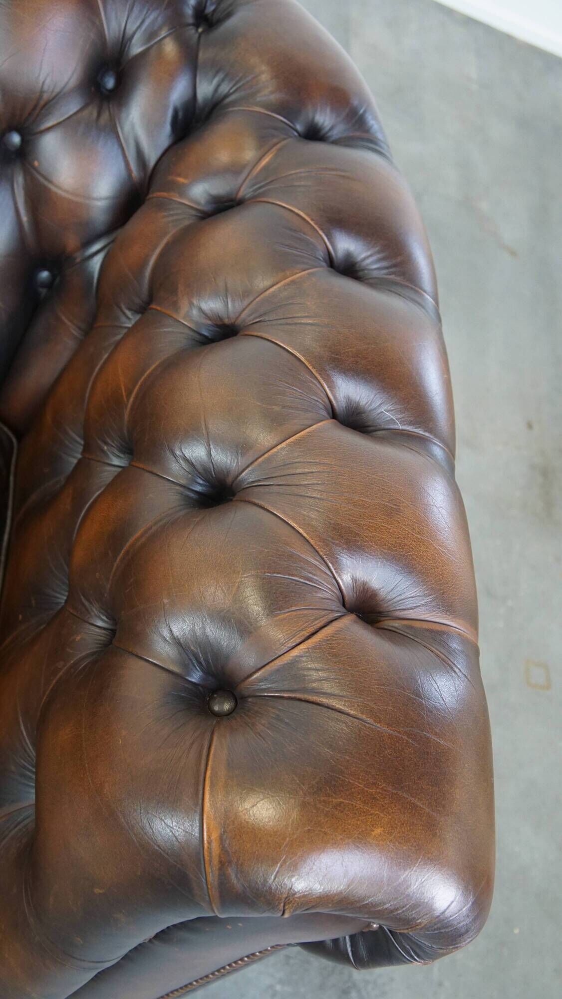 Cowhide English Chesterfield armchair with ball legs and timeless finish