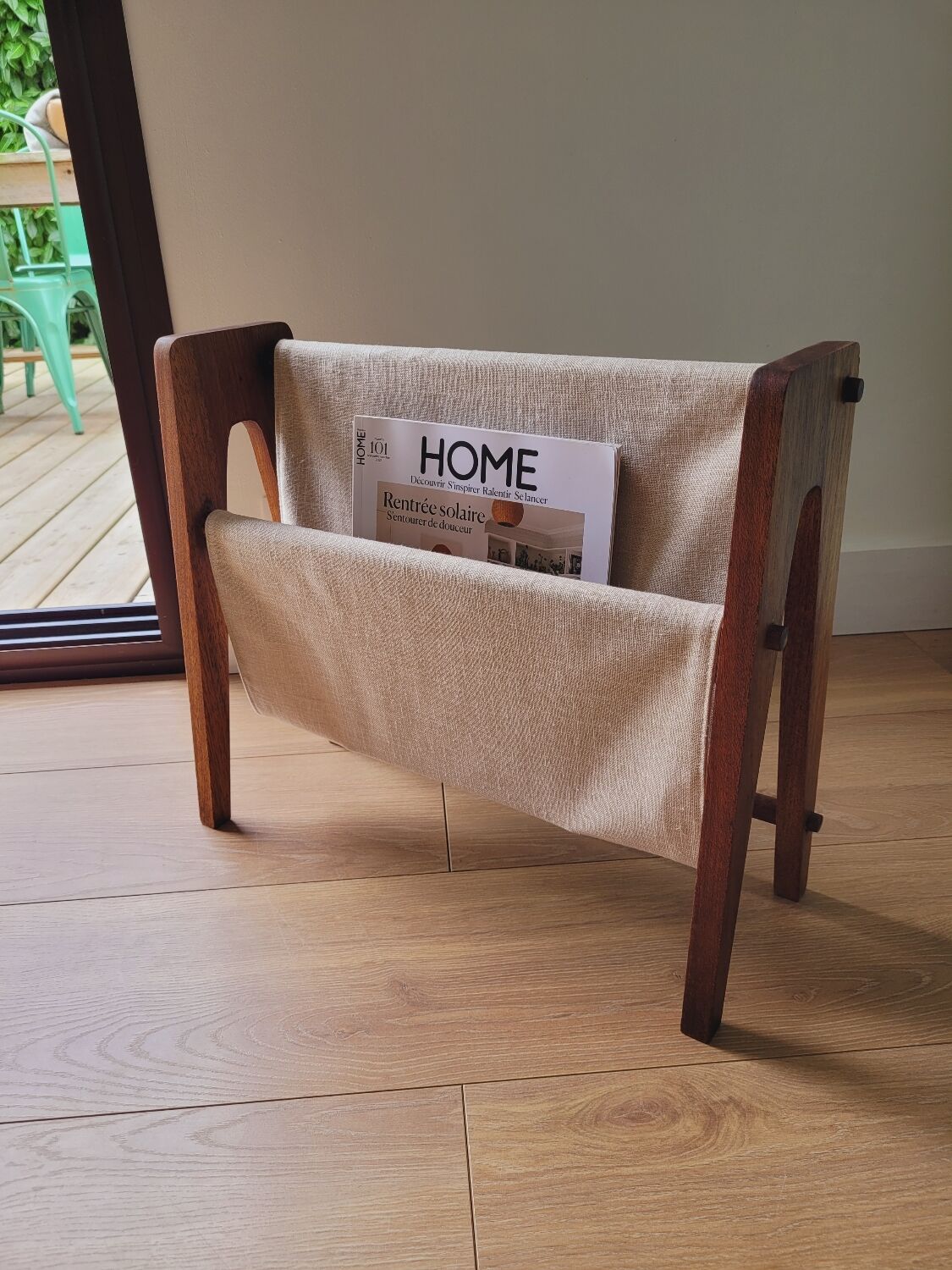 Scandinavian magazine rack exotic wood and linen
