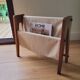 Scandinavian magazine rack exotic wood and linen