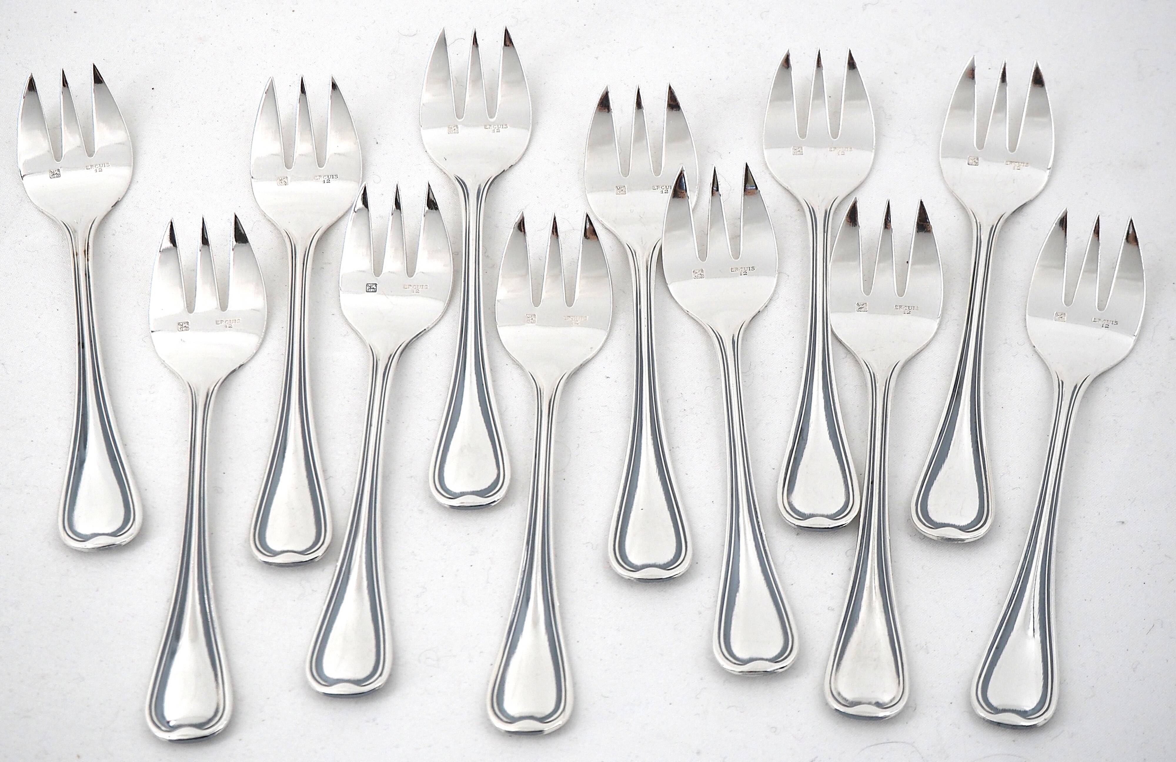 Ercuis Auteuil, 12 silver-plated oyster forks, in perfect condition.