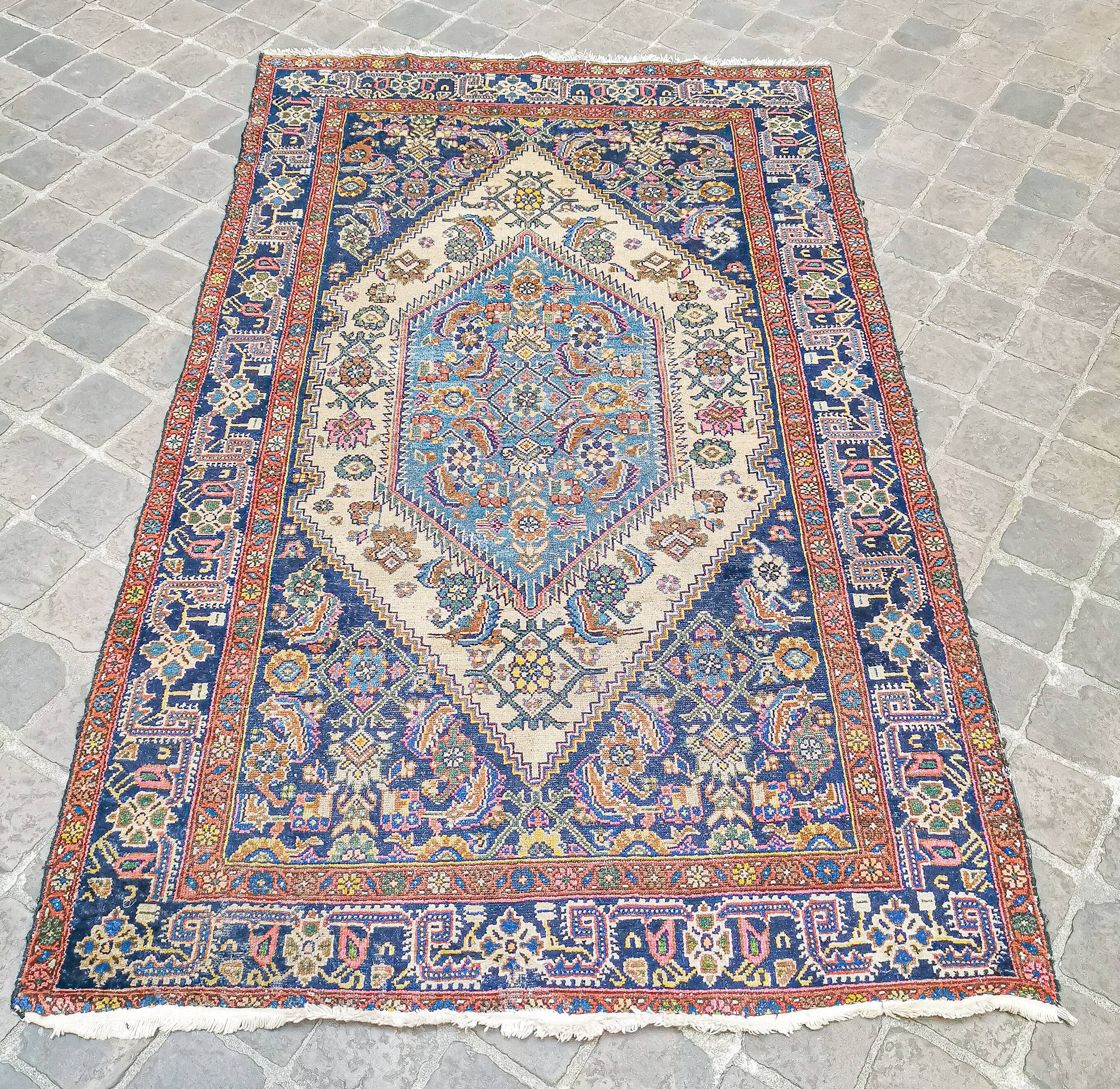 Tapis d'orient fait main vintage persan ancien Melayer 216 X 130