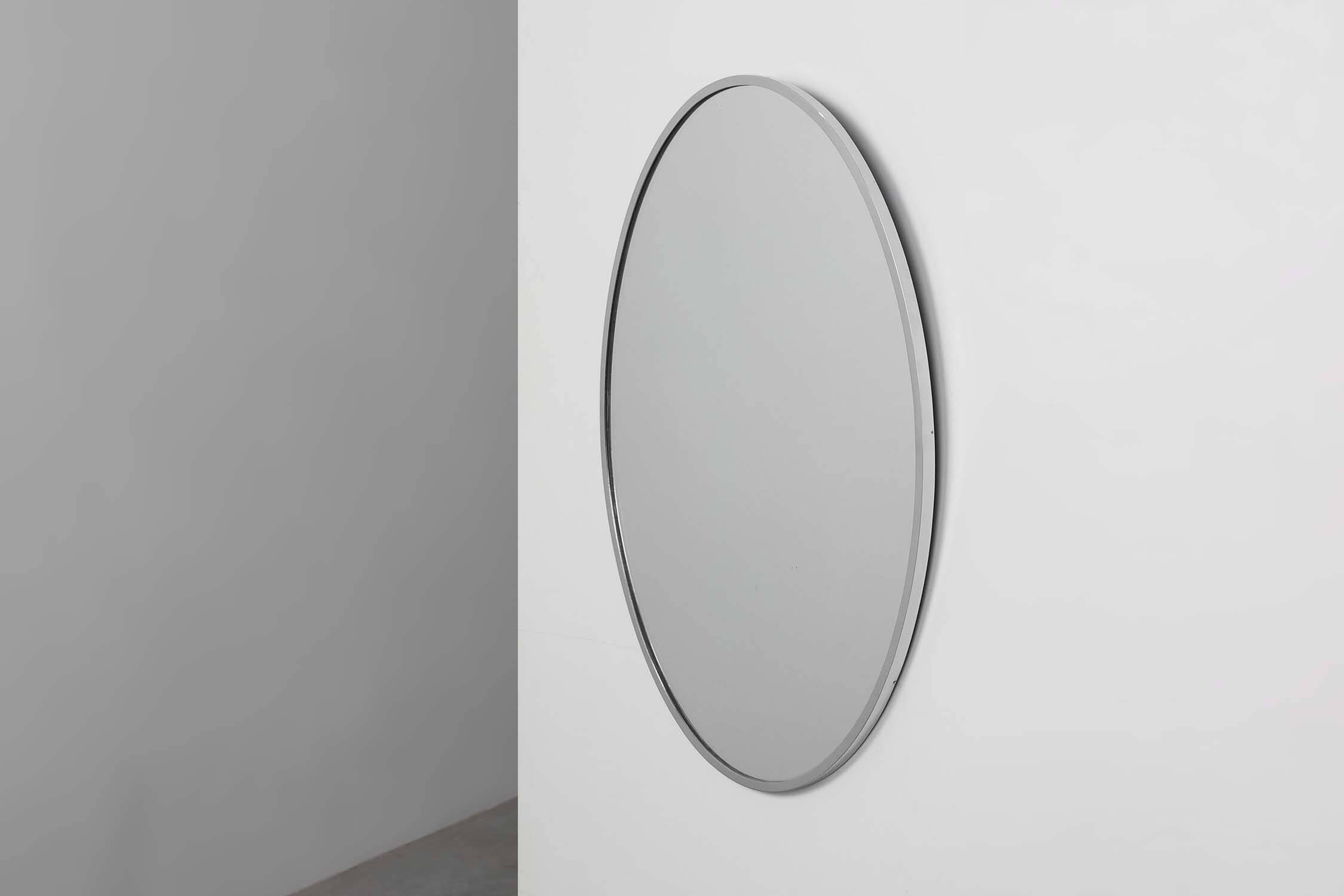 Art Deco Oval Nickel‑Plated Metal Mirror, Belgium, ca. 1925