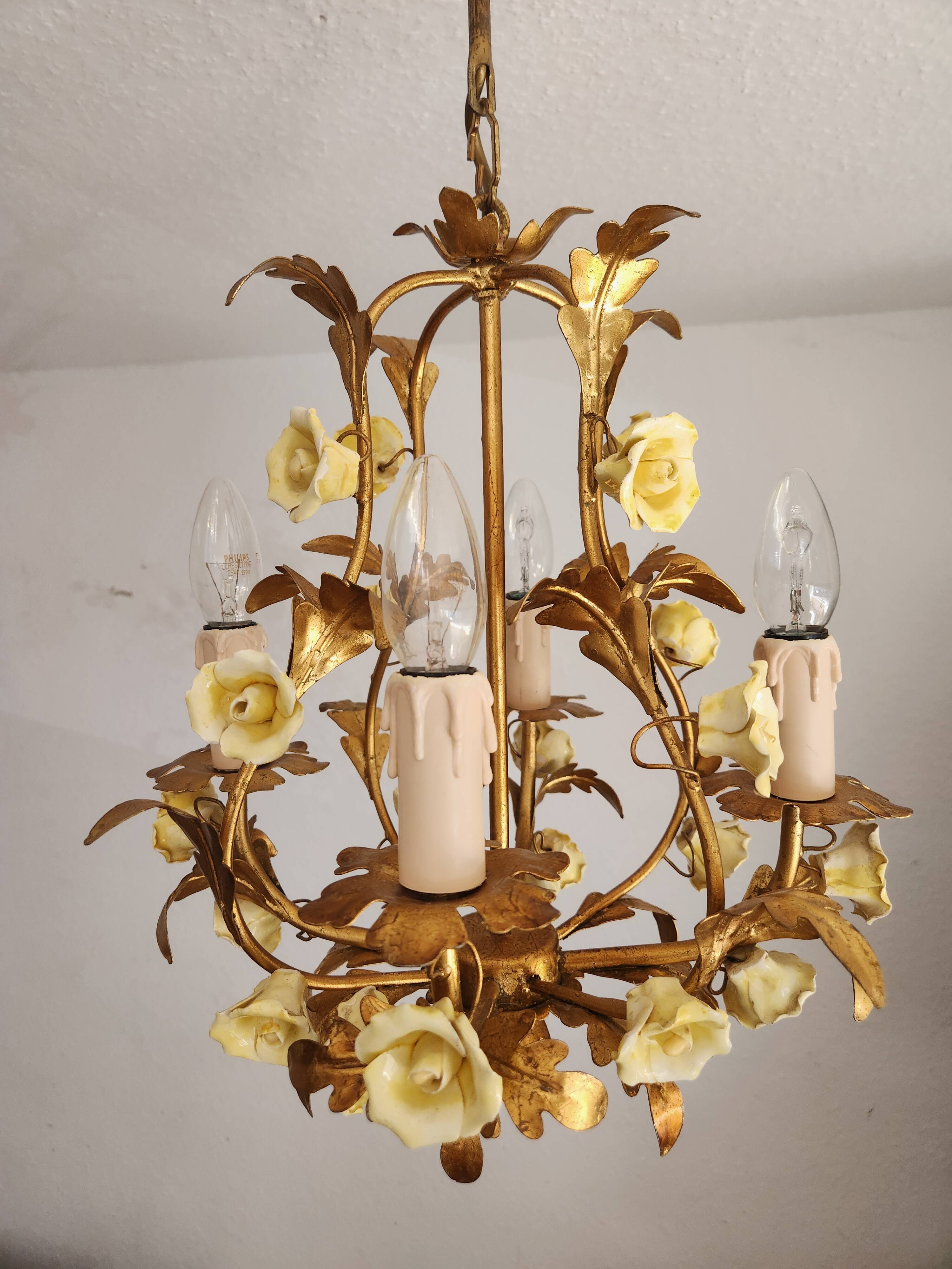 Vintage gilded hand-forged Florentine ceiling light with porcelain roses.
