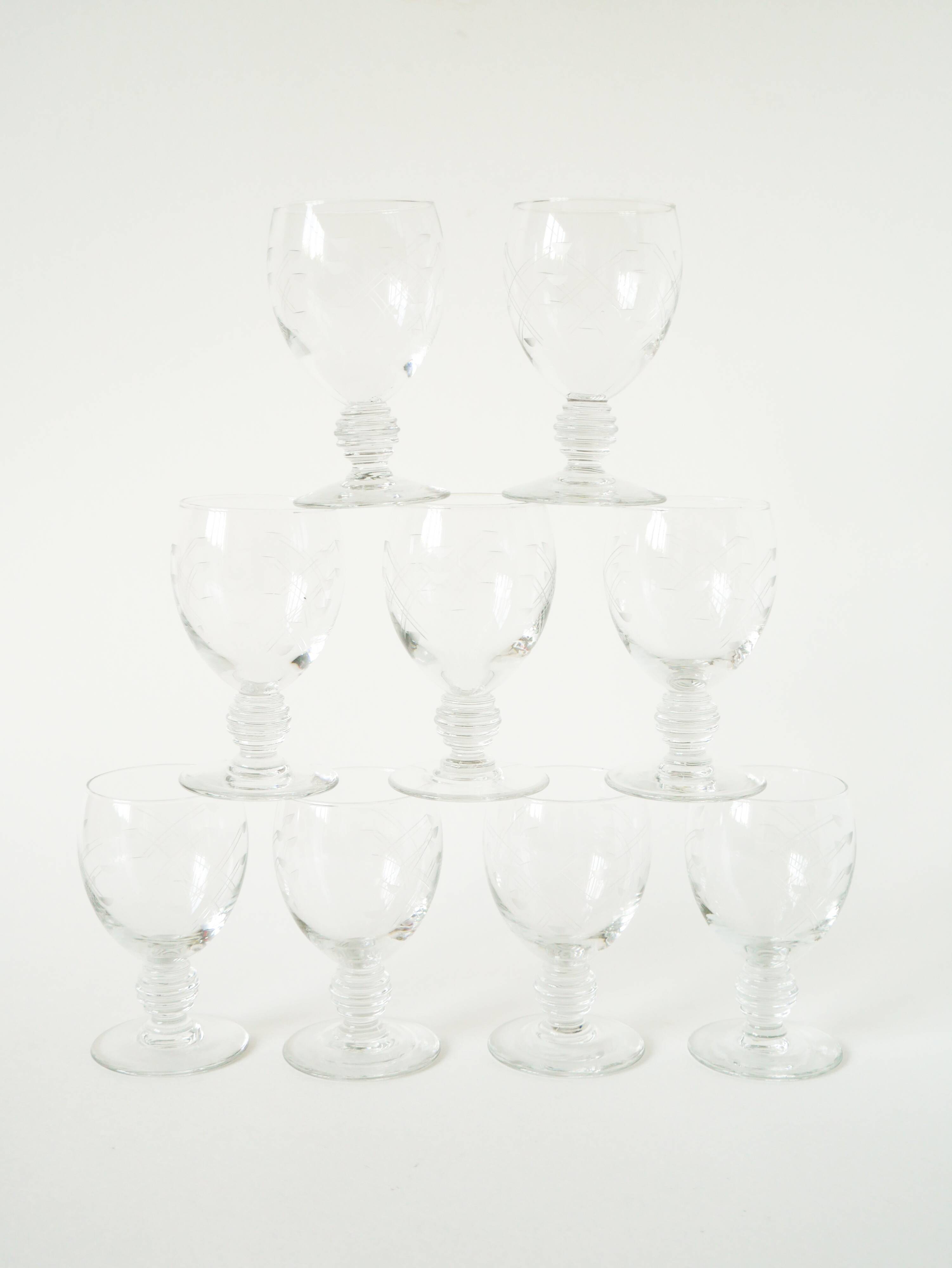 Set of 9 liqueur glasses with engraved crystal stems, Art Nouveau 1910