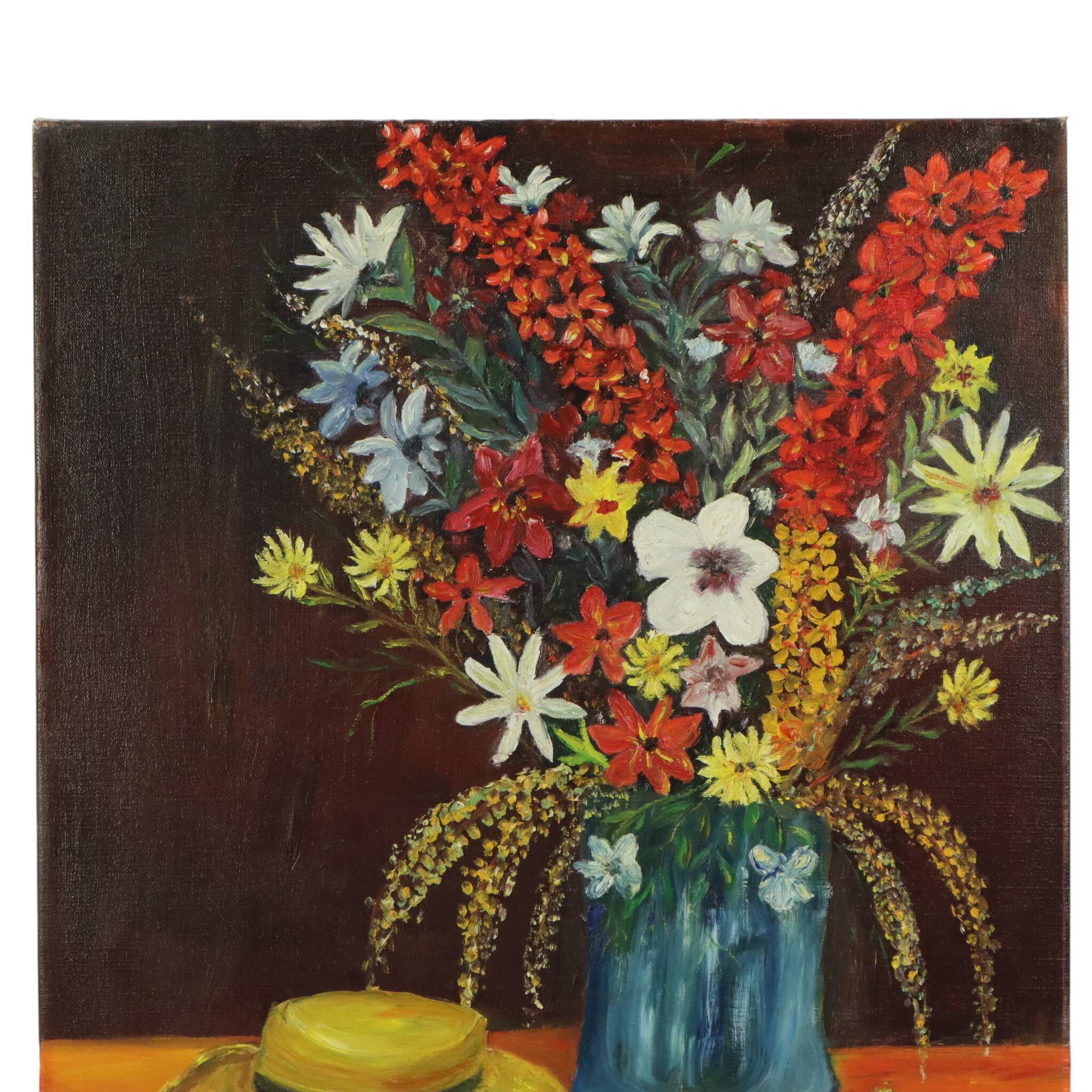 Flowers with Hat Still Life Painting Signed 60x50cm