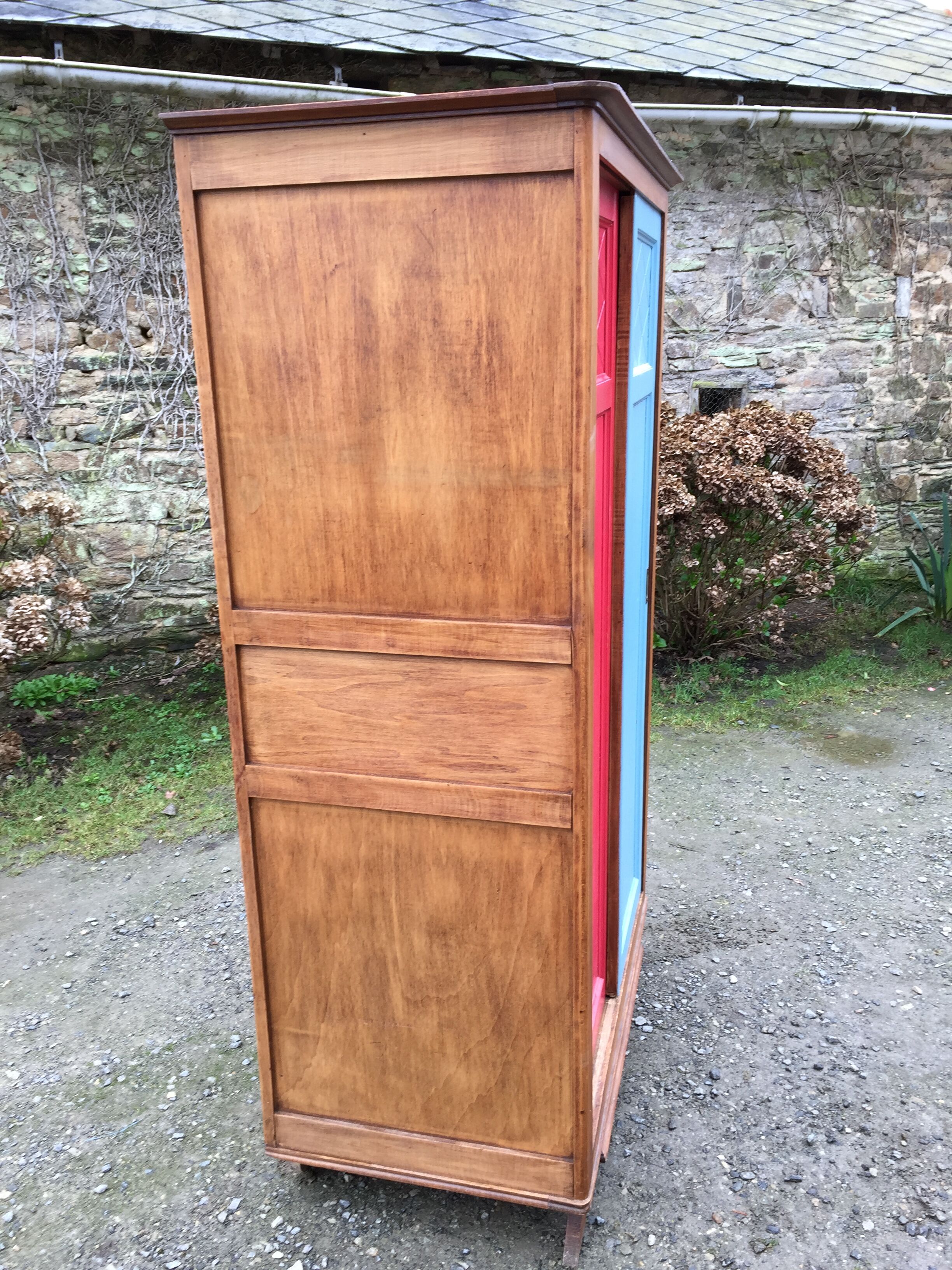Vintage oak compass foot cabinet with 2 sliding doors painted red and blue