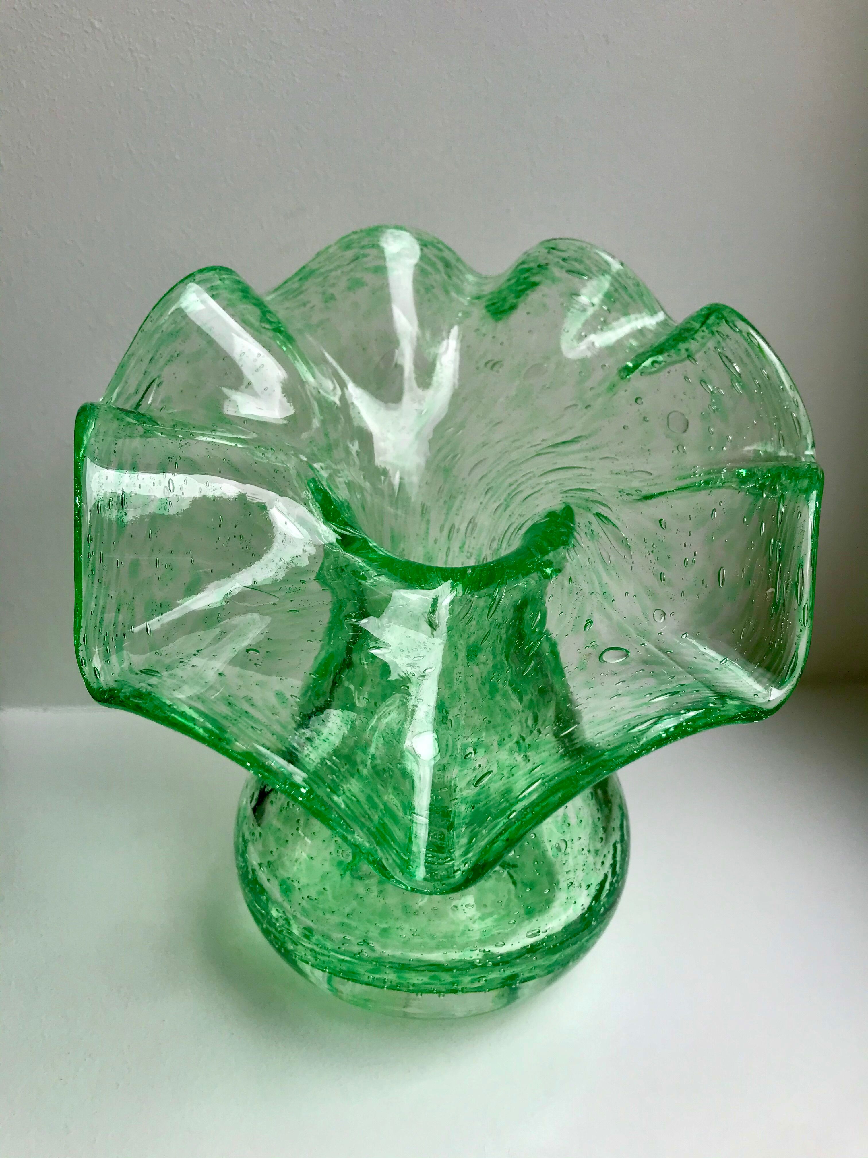 Biot bubbled glass corolla vase signed Riom vert years 60-70