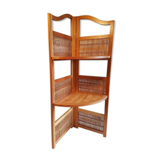 Corner shelf wood and rattan vintage folding of the 1970