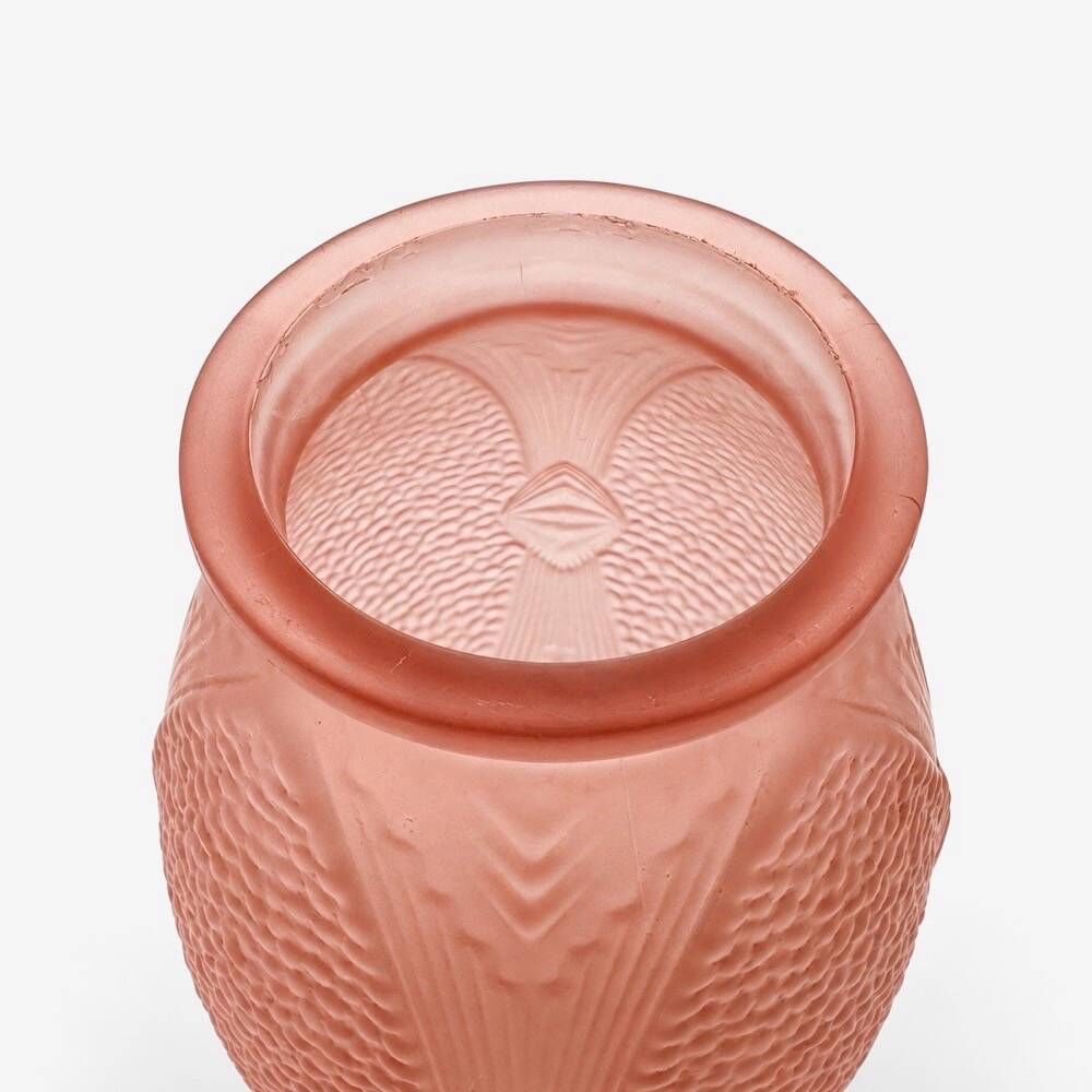 Art Deco vase, pressed moulded glass, pink with geometric decoration.