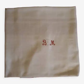 Nappe damassé de coton, liteaux rouge, chiffrée B.M, années 50