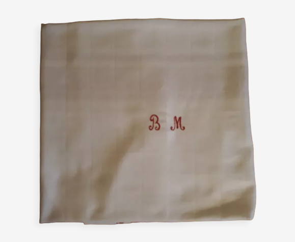 Nappe damassé de coton, liteaux rouge, chiffrée B.M, années 50