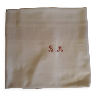 Nappe damassé de coton, liteaux rouge, chiffrée B.M, années 50