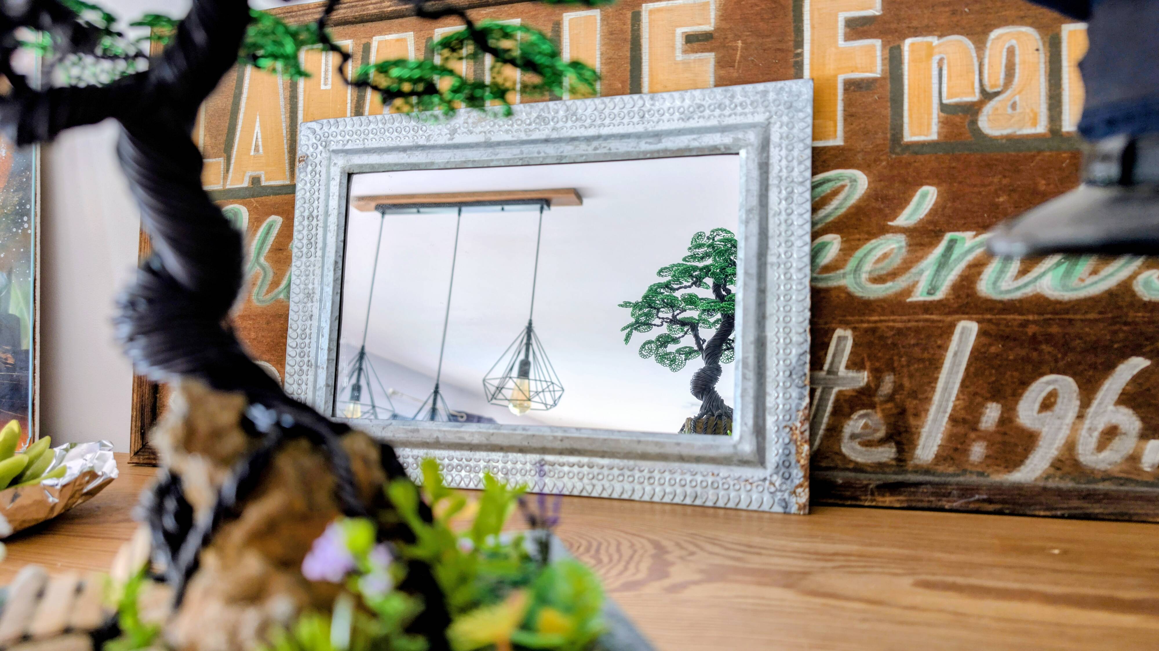 Antique rectangular mirror, hammered metal frame 35 x 25 cm