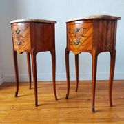 Pair of Louis XV style bedside tables with marquetry and marble.