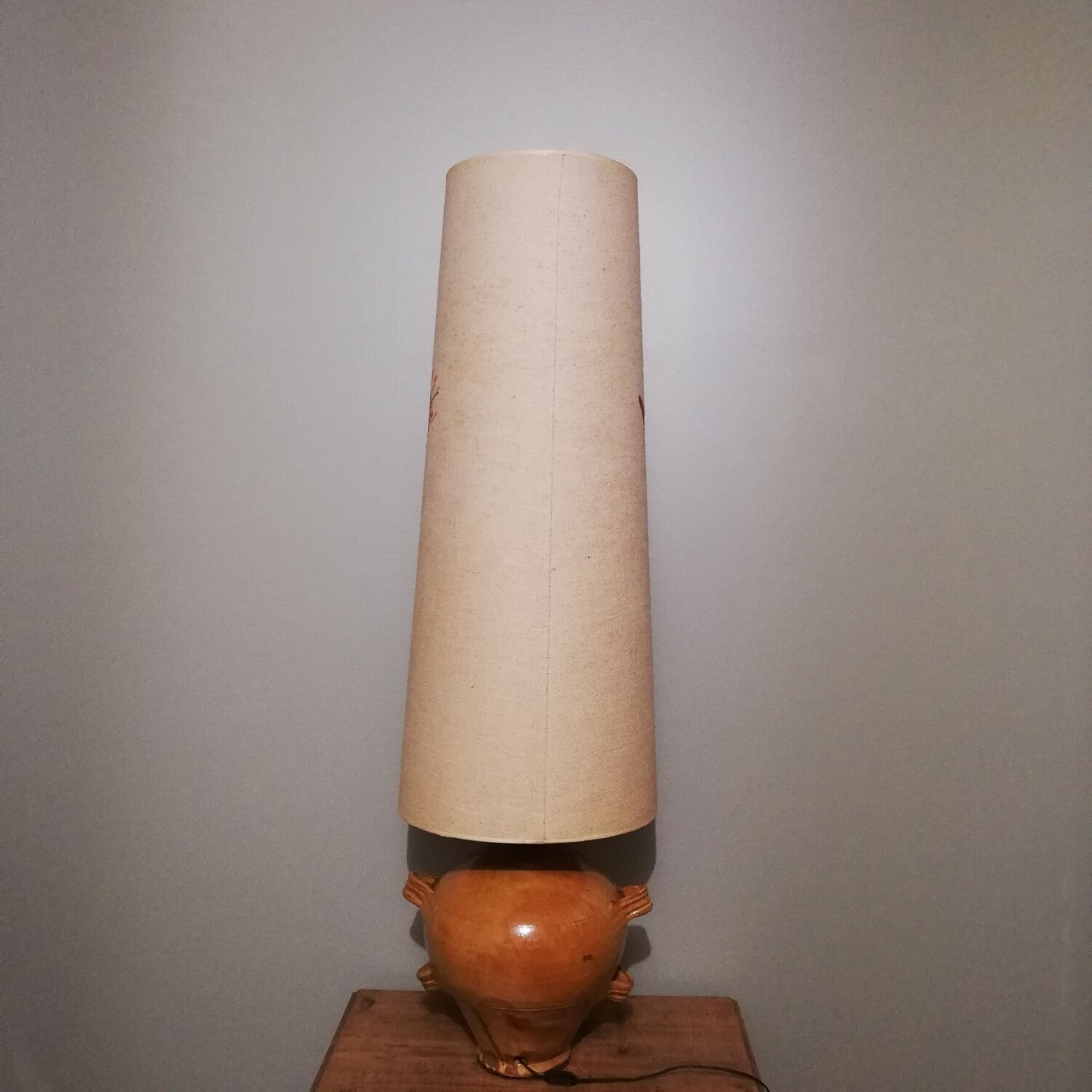 Vintage glazed stoneware lamp with hand-painted lampshade