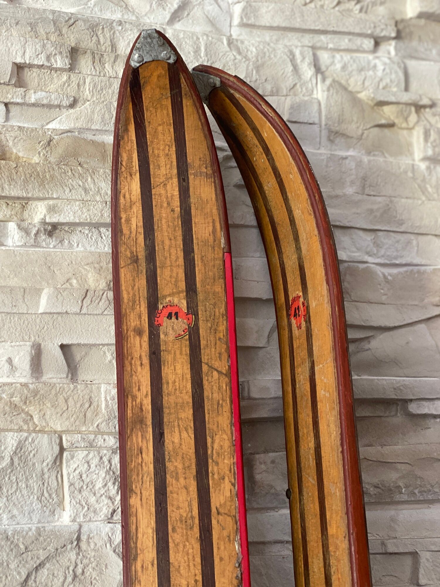 Pair of vintage Rossignol Hickory wooden skis