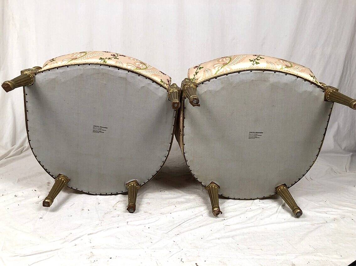 Pair of gilded wood chairs trimmed with silk with flower motifs, art deco inspired by Louis XVI