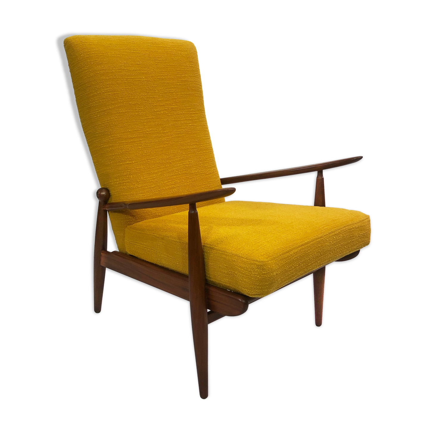 Scandart high back yellow bouclé armchair 60s 70s midcentury vintage retro ercol