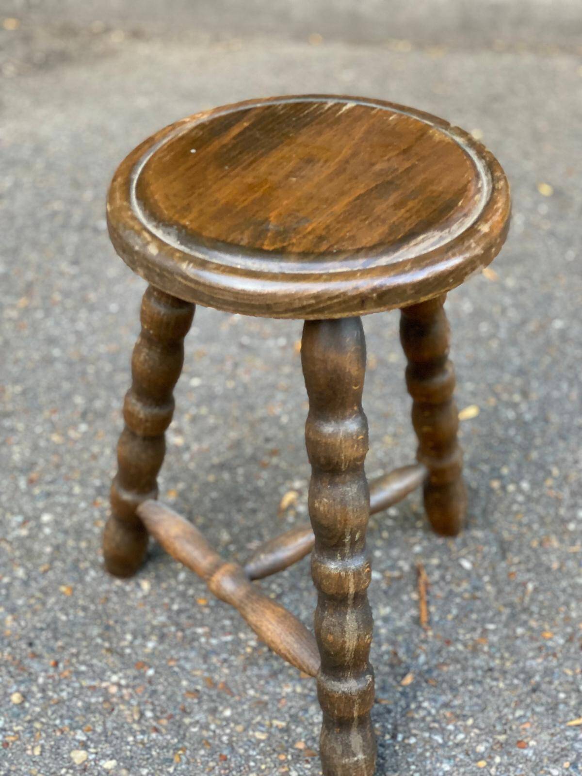 2 tripod stools in turned solid wood, Charles Dudouyt style, 1960.