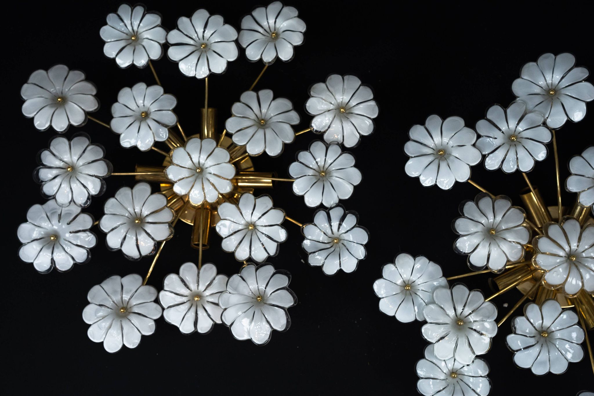 Pair of Murano white flower ceiling lamps. Italy 1980s