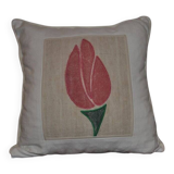 Vintage cream tulip cushion in linen with floral appliqué, 50x50 cm
