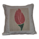 Vintage cream tulip cushion in linen with floral appliqué, 50x50 cm