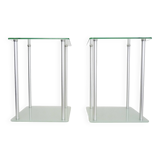 Paire de bout de canapé, table de chevet en verre et métal gris, années 80
