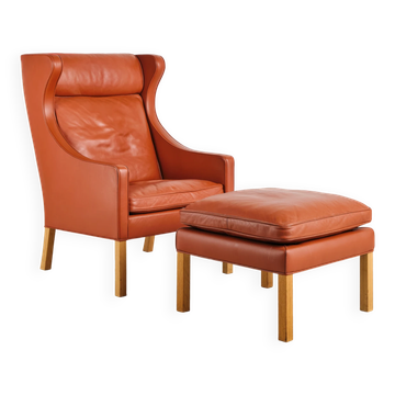Armchair 2204 and leather pouf by Børge Mogensen, Denmark, 1960s.