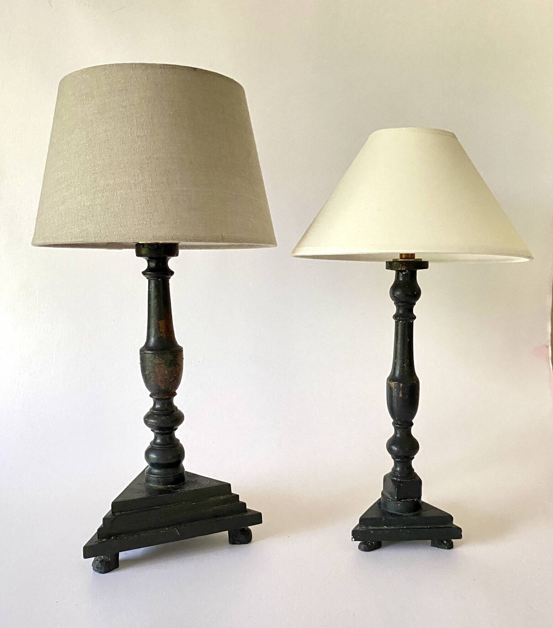 Duo wooden lamps, new 2 M fabric cables, lampshades