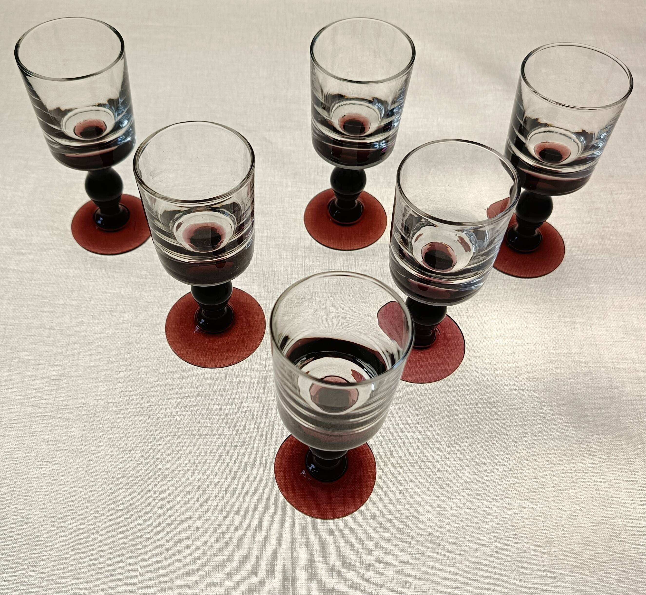 6 antique aperitif glasses, vintage plum-footed glass