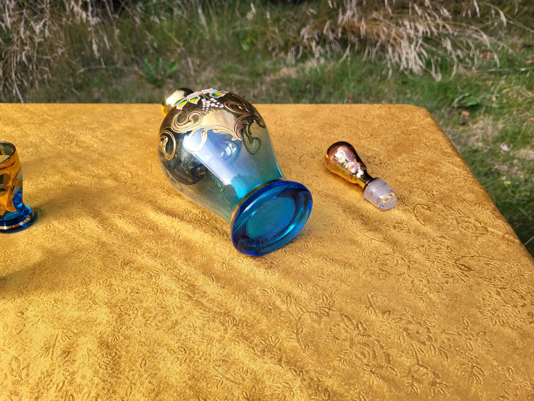 Vintage Murano Handmade Decanter Set - 24K Gold - Light blue 6 piece liquor